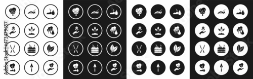 Set Watering sprout, Plant, Hand holding flower, Tree with apple, pears, Lawn mower, Leafs and Gardening handmade scissors for trimming icon. Vector