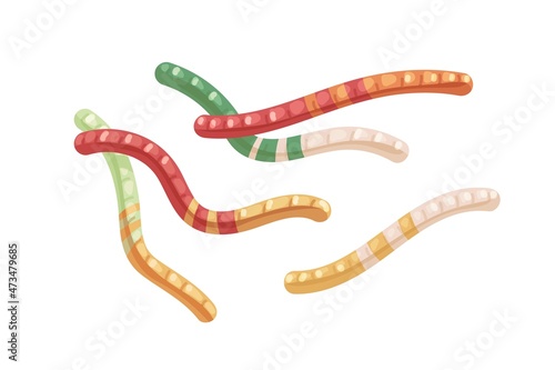 Jelly worms candies. Sweet and sour gummy snakes. Assorted fruit gums composition. Funny gelatin dessert for kids. Yummy Halloween confectionery. Flat vector illustration isolated on white background