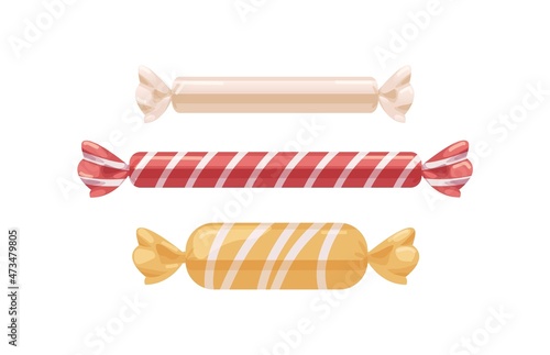 Long candies set. Chocolate and caramel sweets in glossy foil wrappers. Wrapped bonbons. Yummy sugar desserts. Realistic flat vector illustrations of confectionery isolated on white background