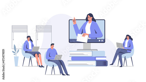 Female teacher conduct lessons online. Video course, web seminar, internet class, personal teacher service for individual distant home self education.