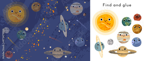 Cute kawaii planet character, funny celestial body, smiling face. Solar system Sun, Mercury, Venus, Earth, Moon, Mars, Jupiter, Saturn, Uranus, Neptune. Vector flat cartoon illustration, find and glue