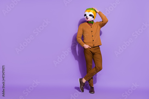 Full length portrait of cool confident red panda head person hand on head isolated on violet color background
