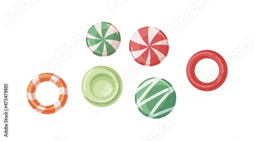 Ring and round candies set. Sweet caramels, sugar drops and suckers. Circle lollipops with different flavors. Fruit lollies mix. Realistic flat vector illustrations isolated on white background