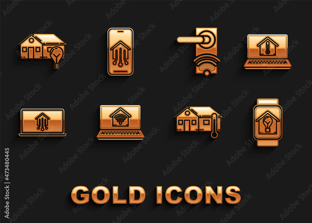 Set Laptop with smart home with wi-fi, house temperature, Smart watch and light bulb, House, Digital door lock wireless technology for unlock, and Mobile phone icon. Vector Set Laptop with smart home with wi-fi, house temperature, Smart watch and light bulb, House, Digital door lock wireless technology for unlock, and Mobile phone icon. Vector