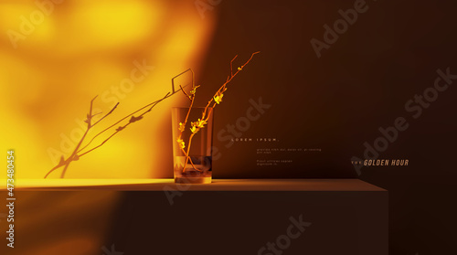 the Golden Hour. 3d realistic platform, or podium, placement template scene for product display presentation fully editable realistic vector