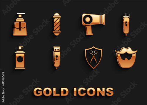Set Electrical hair clipper or shaver, Mustache and beard, Scissors hairdresser shield, Shaving gel foam, Hair dryer, Aftershave and Classic Barber shop pole icon. Vector
