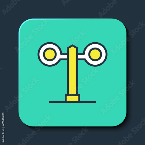 Filled outline Train traffic light icon isolated on blue background. Traffic lights for the railway to regulate the movement of trains. Turquoise square button. Vector