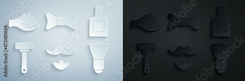 Set Mustache and beard, Aftershave, Shaving razor, brush, Bow tie and gel foam on hand icon. Vector