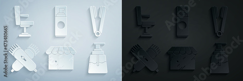 Set Barbershop building, Curling iron for hair, Crossed electrical clipper shaver, Aftershave, Shaving gel foam and chair icon. Vector