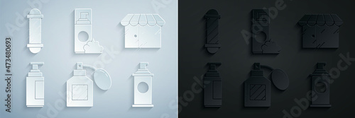 Set Aftershave, Barbershop building, Cream or lotion cosmetic tube, Shaving gel foam, and Classic pole icon. Vector