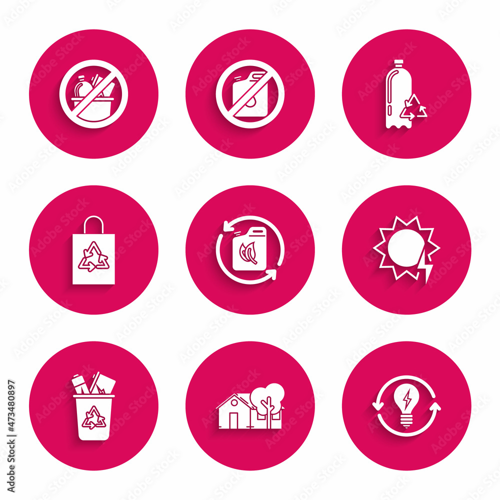 Set Bio fuel canister, Eco friendly house, Recycle and light bulb with lightning symbol, Solar energy panel, bin recycle, Plastic bag, Recycling plastic bottle and No trash icon. Vector Set Bio fuel canister, Eco friendly house, Recycle and light bulb with lightning symbol, Solar energy panel, bin recycle, Plastic bag, Recycling plastic bottle and No trash icon. Vector