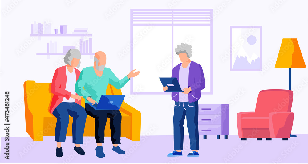 Obraz premium Man helping old people to use computer. Elderly couple learn new technologies. Characters surfing internet and typing on laptop. Grandparent spend time on social media and communicate through gadget