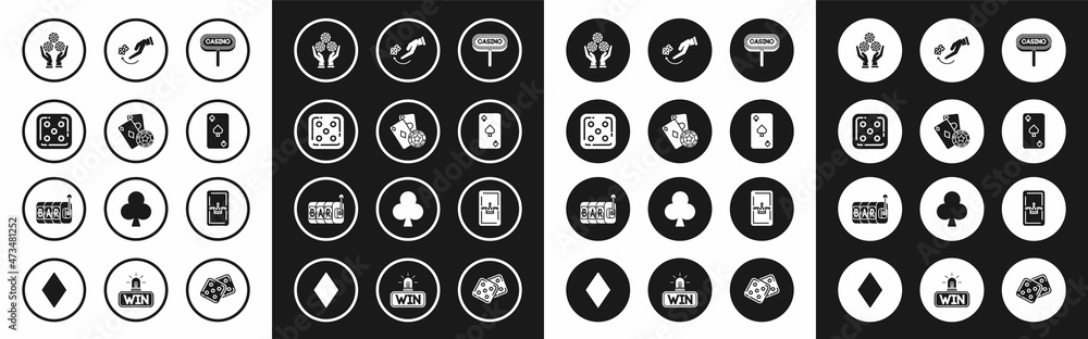 Set Casino signboard, chip and playing cards, Game dice, Hand holding casino chips, Playing with spades symbol, Human hand throwing game, Joker and Slot machine icon. Vector