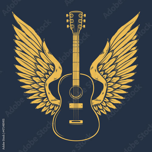 Illustration of winged rock guitar. Design element for logo, label, sign. Vector illustration