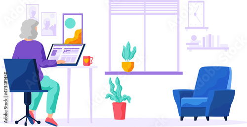 Old woman looking for information and surfing internet. Person tries to use computer. Character sits and spends time on social media. Elder learns new technologies, work and communicate through gadget