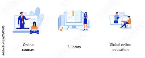 Online courses, e library, Global online education. E-learning tools abstract concept vector illustration set.