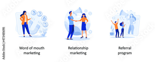 World of mouth marketing, Relationship marketing, Refferal program. Customer oriented marketing strategy abstract concept vector illustration set.