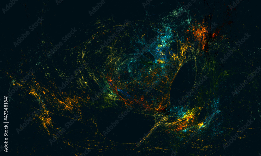 custom made wallpaper toronto digitalArtistic 3d illustration of colorful blue orange yellow membrane, fibers or substances in deep dark space. Glowing lightnings in black matter. Great as design element, background, print or wallpaper.