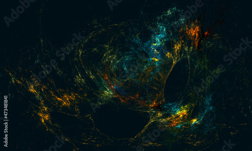 Wallpaper Mural Artistic 3d illustration of colorful blue orange yellow membrane, fibers or substances in deep dark space. Glowing lightnings in black matter. Great as design element, background, print or wallpaper. Torontodigital.ca