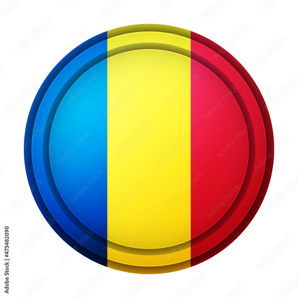 Fototapeta premium Glass light ball with flag of Romania. Round sphere, template icon. Romanian national symbol. Glossy realistic ball, 3D abstract vector illustration highlighted on a white background. Big bubble