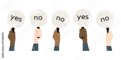 Hand holding nameplate with yes no signs. Voting card, board. Judges' assessments. Vector flat cartoon illustration. Round plate for vote, contest, feedback