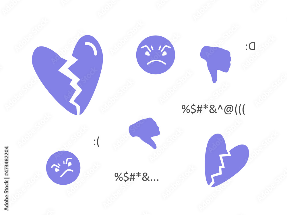A set of flat illustrations on the theme of negative feedback, comments, disliking and bullying. Broken heart, angry smiley face, hand with finger down on white background. Vector illustration. A set of flat illustrations on the theme of negative feedback, comments, disliking and bullying. Broken heart, angry smiley face, hand with finger down on white background. Vector illustration.