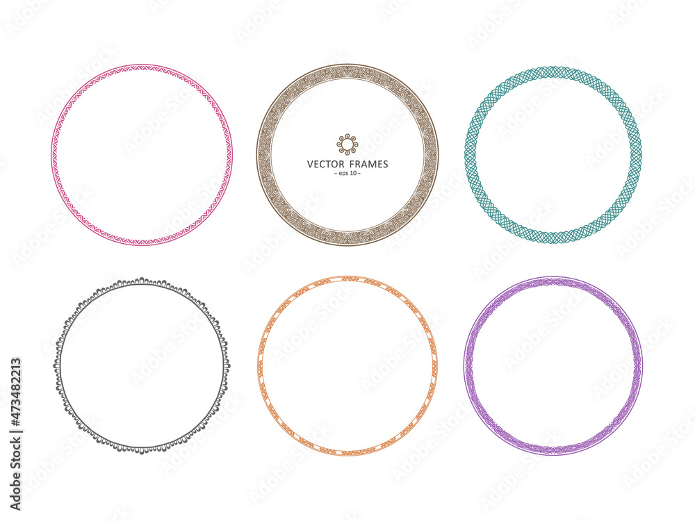 Graphic and patterned frames with floral and neutral patterns. Set of round decorative frames for your design. Stock illustration - eps10 vector. Graphic and patterned frames with floral and neutral patterns. Set of round decorative frames for your design. Stock illustration - eps10 vector.