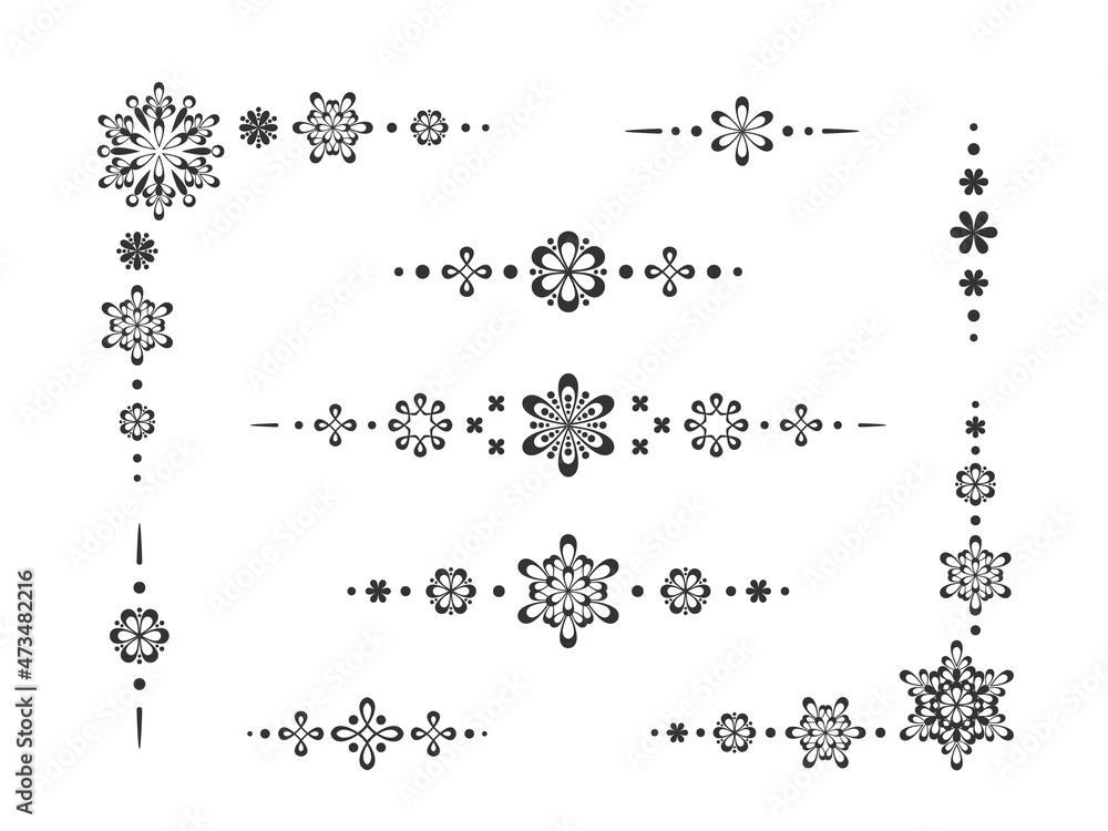 A set of stylized graphic elements for design - twisted dynamic lines and loops, decorative flowers, snowflakes and stars, calligraphy. Vector illustration on white background.