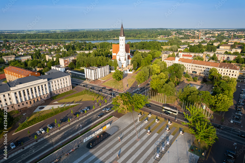 Aerial summer evening sunset view in sunny city Šiauliai