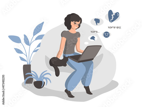 Flat drawing of a sad girl at the computer, negative feedback, comments. Haters, bullying, relationship breakdown. Flat vector illustration on white background.