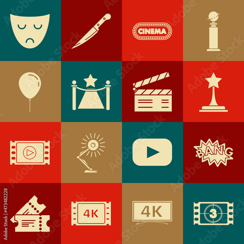 Set Play Video, Bang boom text speech bubble balloon, Movie trophy, Cinema poster design template, Carpet with barriers and star, Balloon ribbon, Drama theatrical mask and clapper icon. Vector