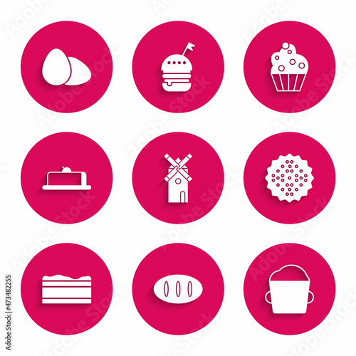 Set Windmill  Bread loaf  Bakery bowl dough  Cracker biscuit  Brownie chocolate cake  Strawberry cheesecake slice  Cupcake and Chicken egg icon. Vector