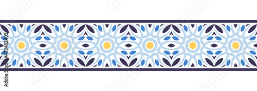 Border line seamless background. Decorative design seamless ornamental mosaic border pattern. Islamic, indian, arabic motifs. Abstract flower