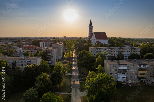 Aerial summer evening sunset view in sunny city   iauliai