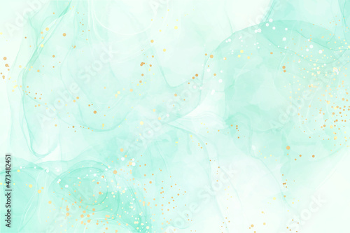Pastel cyan mint liquid marble watercolor background with gold dots, brush stains. Teal turquoise marbled alcohol ink drawing effect. Vector illustration backdrop, watercolour wedding invitation