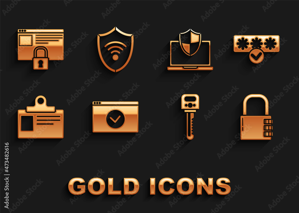 Set Secure your site with HTTPS, Safe combination lock, Key, Identification badge, Laptop protected shield, and Shield WiFi wireless internet network icon. Vector Set Secure your site with HTTPS, Safe combination lock, Key, Identification badge, Laptop protected shield, and Shield WiFi wireless internet network icon. Vector