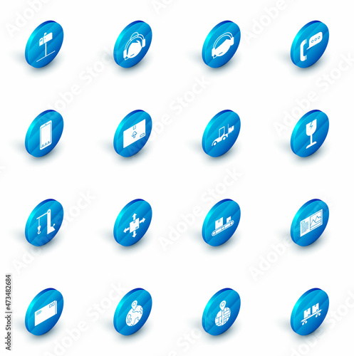 Set Support operator in touch, Telephone with speech bubble chat, Mobile app delivery tracking, Harbor crane, Cardboard box traffic symbol, Fragile broken glass and Forklift truck icon. Vector