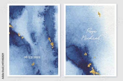 Watercolor blue shades background with golden foil texture. Ink, marble imitation. Abstract water, sky, landscape.