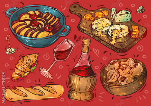 Hand drawn colored vector illustration food. Doodle French cuisine: ratatouille, blue cheese, wine, baguette,  snails, croissant, grill meat.