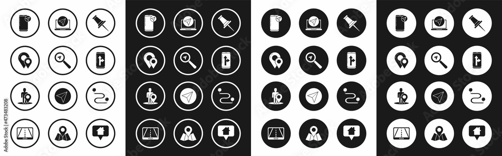 Set Push pin, Search location, Map, Infographic of city map navigation, Route and marker with silhouette person icon. Vector Set Push pin, Search location, Map, Infographic of city map navigation, Route and marker with silhouette person icon. Vector