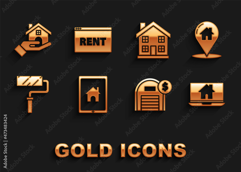 Set Tablet and smart home, Map pointer with house, Laptop, Warehouse dollar symbol, Paint roller brush, Home, Realtor and Hanging sign text Online Rent icon. Vector Set Tablet and smart home, Map pointer with house, Laptop, Warehouse dollar symbol, Paint roller brush, Home, Realtor and Hanging sign text Online Rent icon. Vector