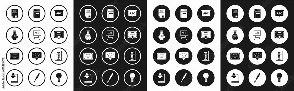 Set Chalkboard, Test tube and flask chemical laboratory, Certificate template, Book, Glass test on fire and icon. Vector Set Chalkboard, Test tube and flask chemical laboratory, Certificate template, Book, Glass test on fire and icon. Vector
