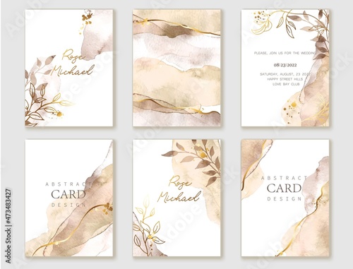 Set of elegant cards in brown, beige, golden colors. Watercolor spots, ink imitation, botanical leaves, gold lines