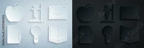 Set Light bulb with concept of idea, Certificate template, Exam sheet and pencil eraser, Open book, Glass test tube flask fire and Apple icon. Vector
