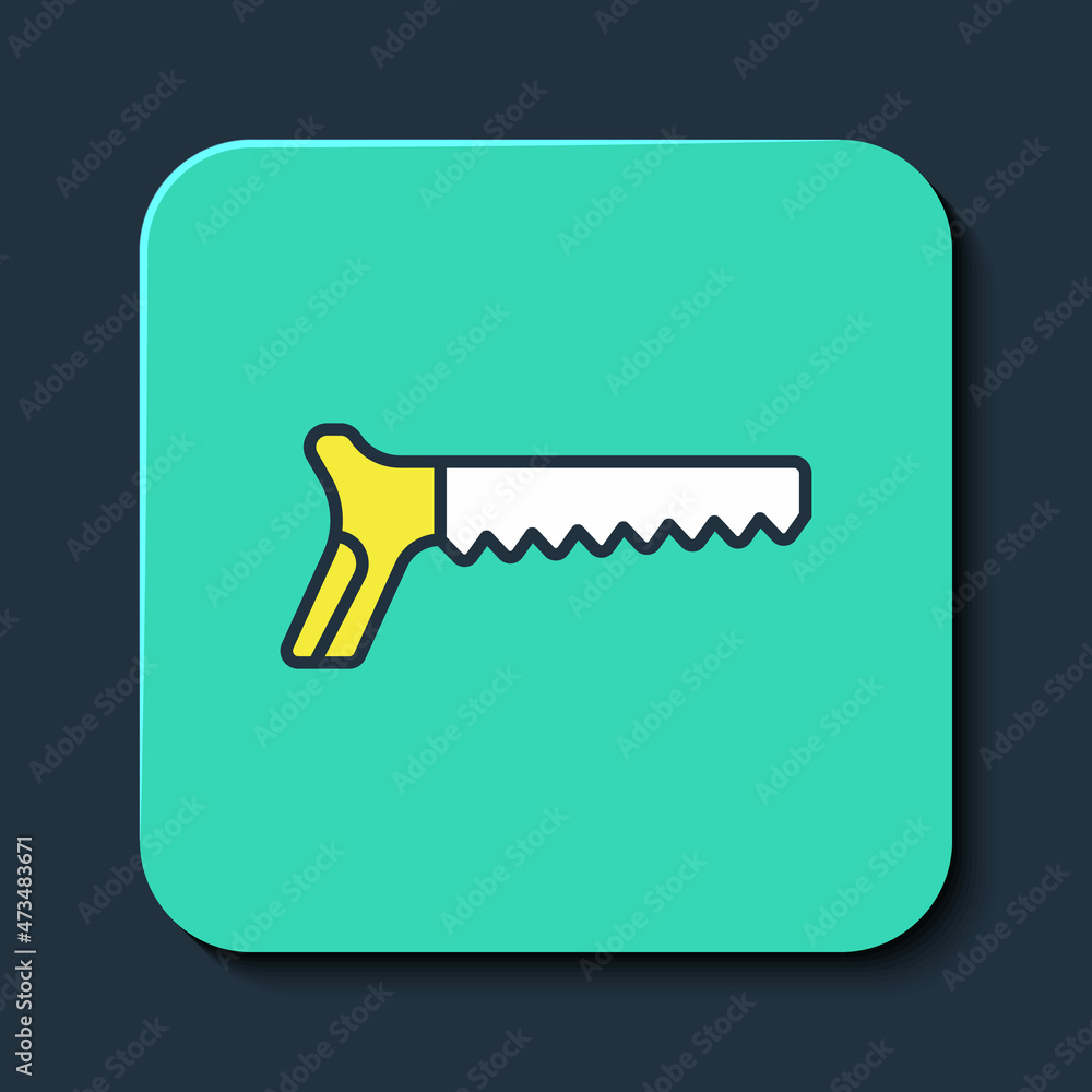 Filled outline Hand saw icon isolated on blue background. Turquoise square button. Vector Filled outline Hand saw icon isolated on blue background. Turquoise square button. Vector