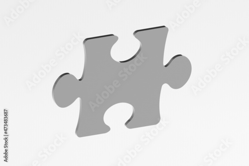 puzzle element on white background. puzzle is metal. puzzle close-up. horizontal image. 3D rendering. 3D image.