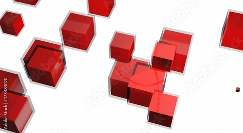 Red cubes in glass abstract modern 3d render illustration. Data security concept, ai protection technologies for company, business, corporation, cover, banner.