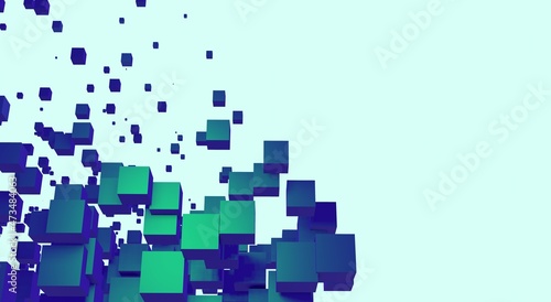 Blue and green flying cubes abstract modern 3d render illustration. Data security concept, ai protection technologies for company, business, corporation, cover, banner.