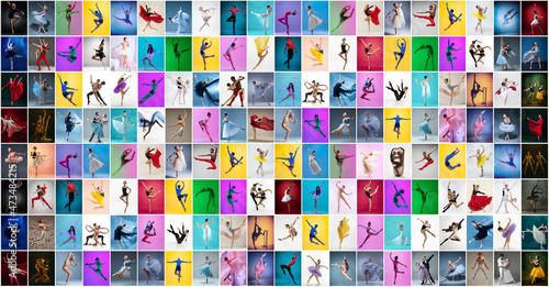 Collage made of portraits of female and male ballet dancers dancing isolated on multicolored background in neon light.