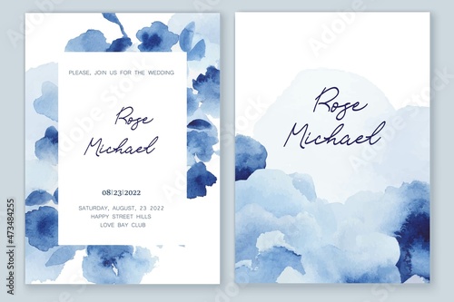 Set of elegant, romantic wedding crds, covers, invitations with shades of blue flowers. Watercolor blossoms